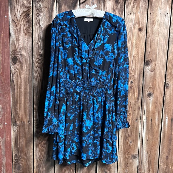 Parker Maisy Sheer Black & Blue Floral Printed Ruffle Long Sleeve Dress Sz M - Picture 3 of 15
